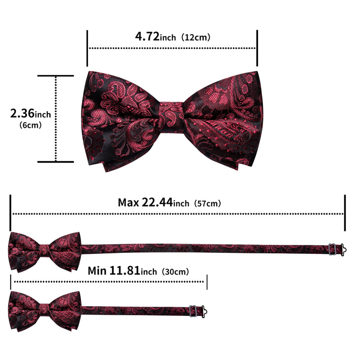 BLACK CLARET FLORAL SILK MEN'S PRE-BOWTIE POCKET SQUARE CUFFLINKS SET- LH-7090 - SimonVon Shop
