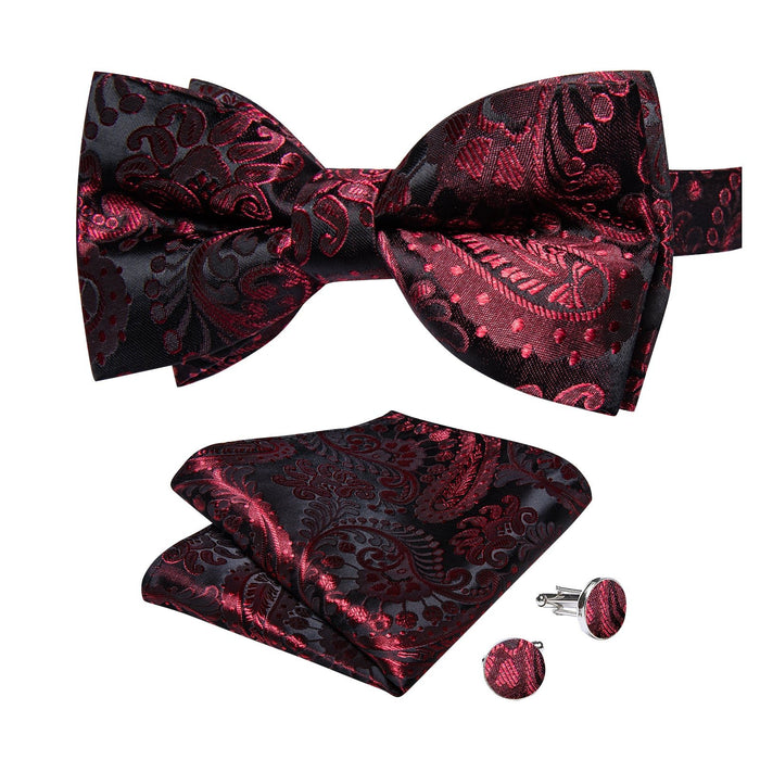 BLACK CLARET FLORAL SILK MEN'S PRE-BOWTIE POCKET SQUARE CUFFLINKS SET- LH-7090 - SimonVon Shop