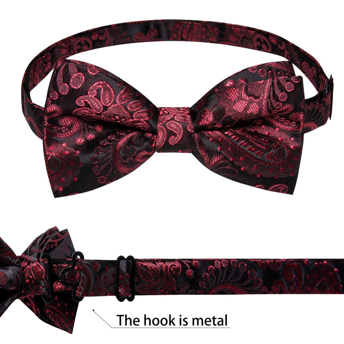 BLACK CLARET FLORAL SILK MEN'S PRE-BOWTIE POCKET SQUARE CUFFLINKS SET- LH-7090 - SimonVon Shop