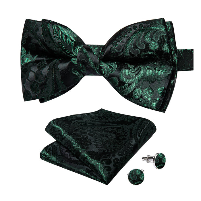 BLACK GREEN FLORAL SILK BOWTIE POCKET SQUARE CUFFLINKS SET-LH-7086 - SimonVon Shop