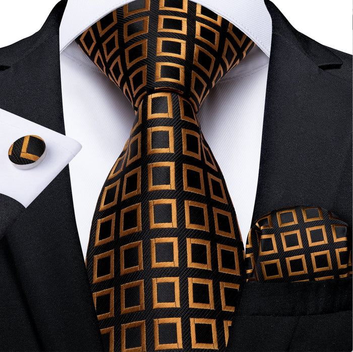 Black Orange Square Plaid Tie Pocket Square Cufflinks Set- N-7303 - SimonVon Shop