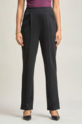 Black ponte pants with high waist, straight leg, ankle-length cuff hem