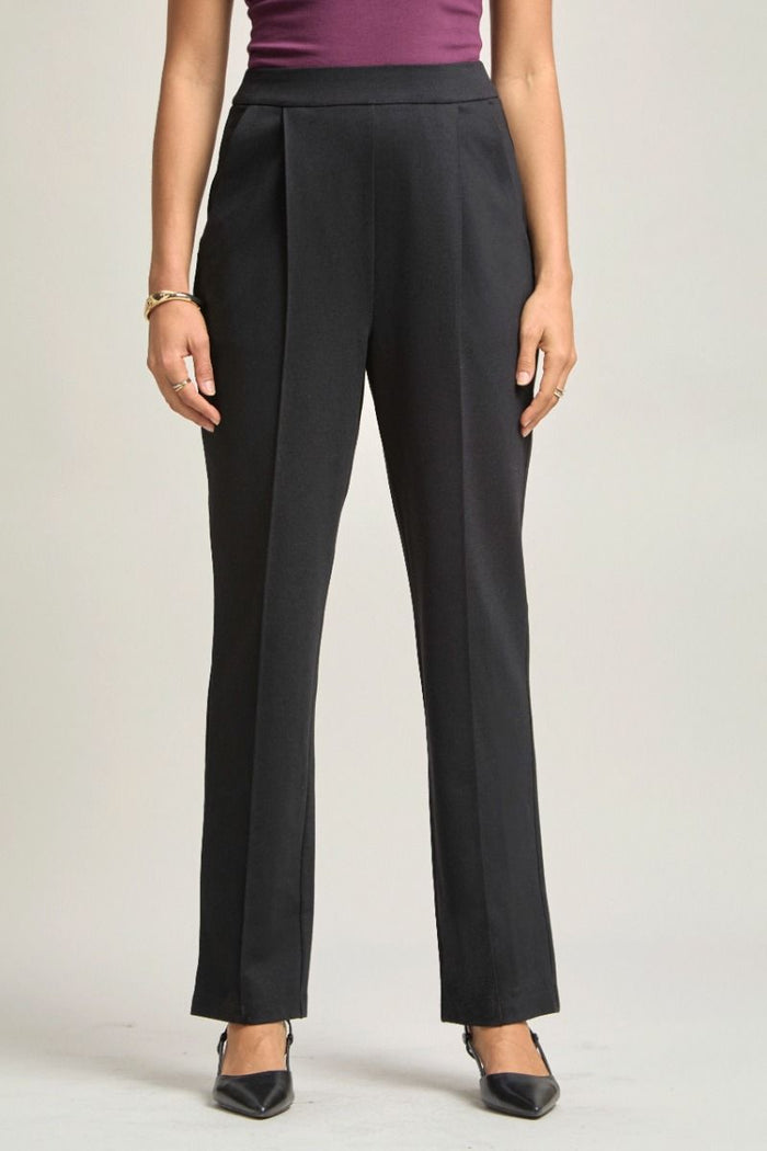 Black ponte pants with high waist, straight leg, ankle-length cuff hem