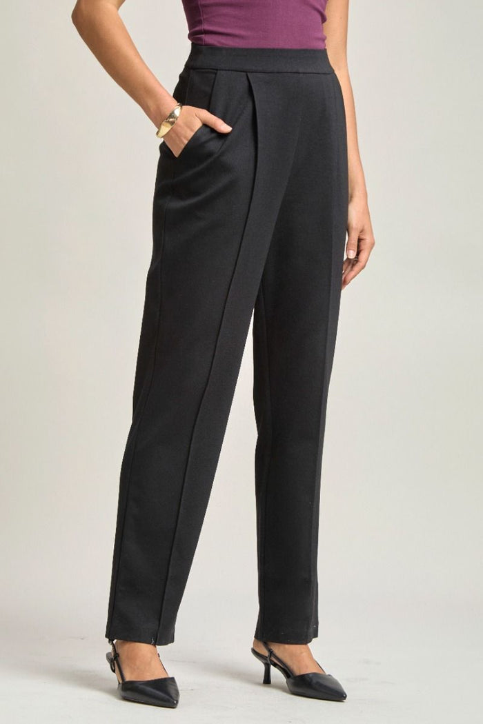Black ponte pants with high-rise, side pocket, sleek straight-leg fit