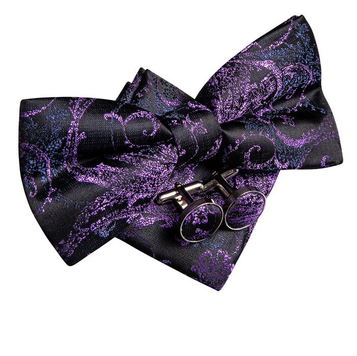 Black Purple Blue Paisley Pre-tied Bow Tie Hanky Cufflinks Set-LH-0566 - SimonVon Shop