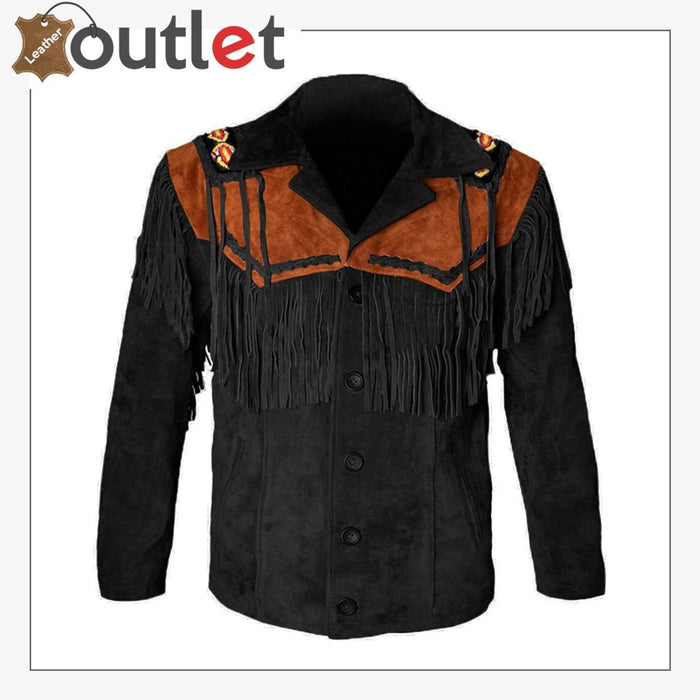 Black western cowboy fringed suede leather jacket, front view with pointed yokes