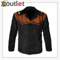 Black western cowboy fringed suede leather jacket, front view with pointed yokes