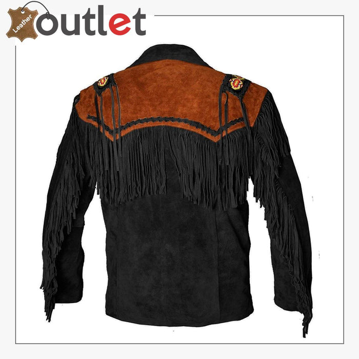 Back view of the black suede fringed western jacket showing back yoke fringe