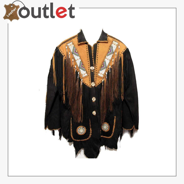 Black western cowboy jacket in suede with long hand-cut fringe across chest and sleeves