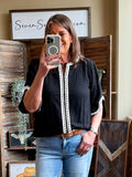 Black linen-blend shirt with vertical white trim and short sleeves