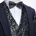 Black White Paisley Silk Vest Necktie Pocket Square Cufflinks Set-MJ-2516 - SimonVon Shop