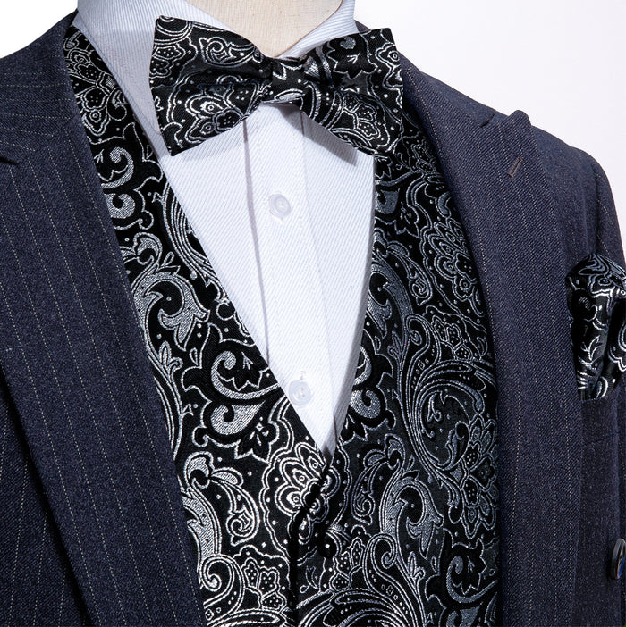 Black White Paisley Silk Vest Necktie Pocket Square Cufflinks Set-MJ-2516 - SimonVon Shop