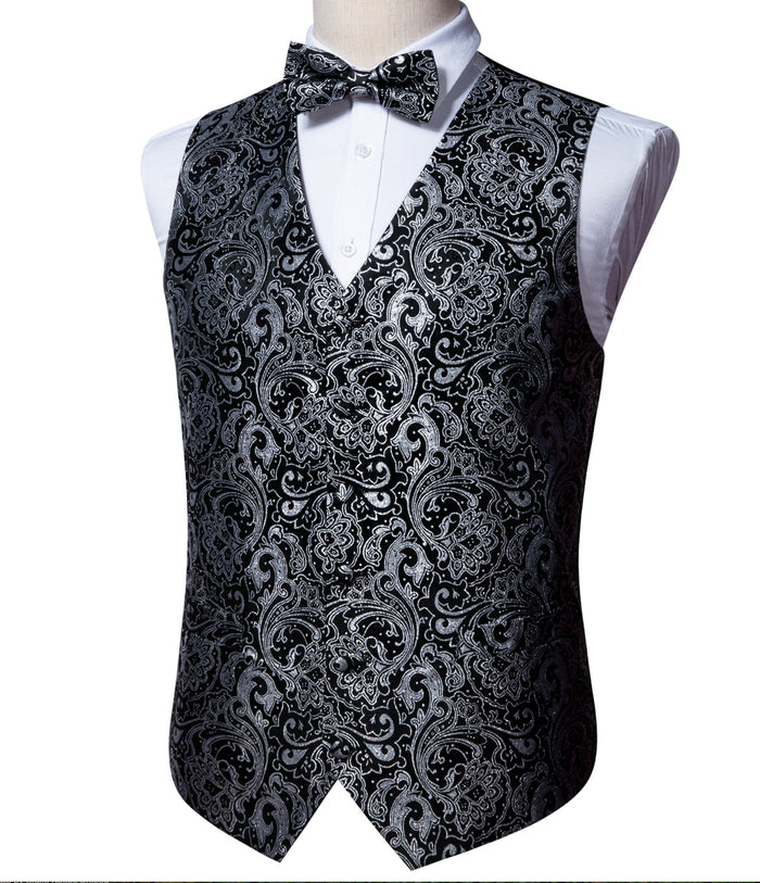 Black White Paisley Silk Vest Necktie Pocket Square Cufflinks Set-MJ-2516 - SimonVon Shop