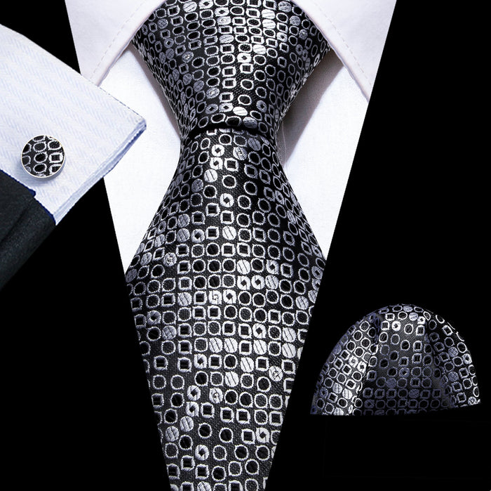 Black White Round Floral Silk Tie Handkerchief Cufflinks Set-N-6103 - SimonVon Shop