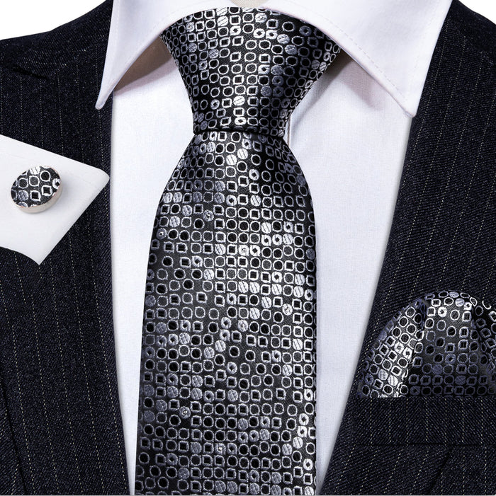 Black White Round Floral Silk Tie Handkerchief Cufflinks Set-N-6103 - SimonVon Shop