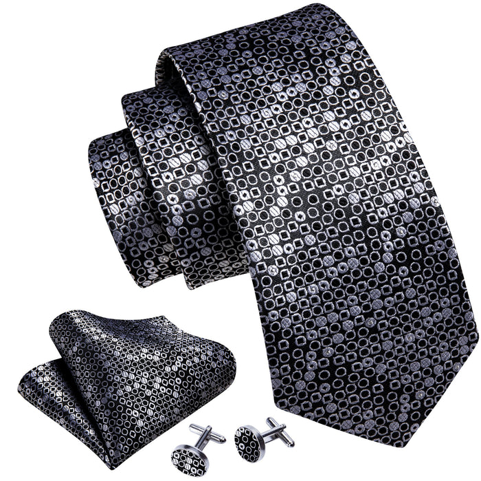 Black White Round Floral Silk Tie Handkerchief Cufflinks Set-N-6103 - SimonVon Shop