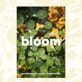 Close-up of green leaves and yellow flowers with the word "Bloom Zine Issue 15 Autumn/Winter 2023" written in bold white text. Below, it says "zero-waste garden • nature • inspiration".
