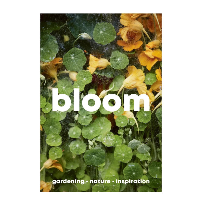 Forager Provisions LTD Bloom Zine Issue 15 cover featuring vibrant yellow nasturtium flowers and green leaves in water.