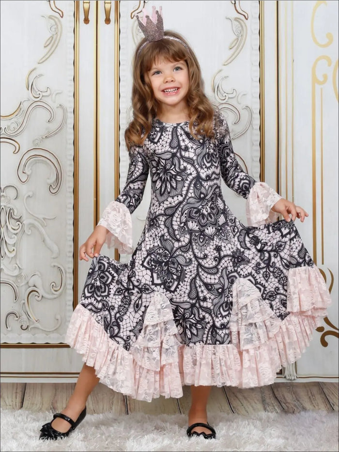 Winter Dressy Dresses | Floral Print Ruffle Lace Hem Maxi Dress