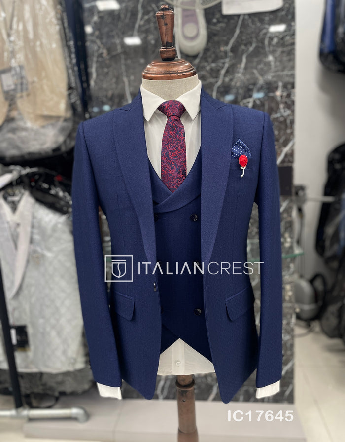 Blue 3-Piece Peak Lapel Suit