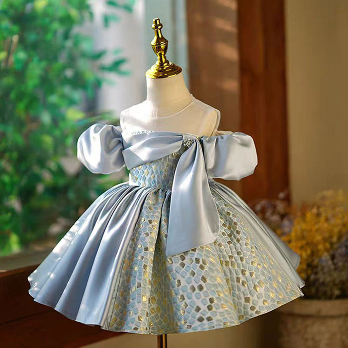 Blue Blocking Color Girl Dress for Princess Kids 1st Birthday Party J774