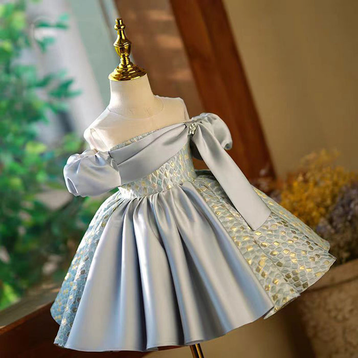 Blue Blocking Color Girl Dress for Princess Kids 1st Birthday Party J774