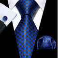 Blue Brown Plaid Silk Tie Handkerchief Cufflinks Set -N-6318 - SimonVon Shop