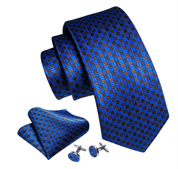 Blue Brown Plaid Silk Tie Handkerchief Cufflinks Set -N-6318 - SimonVon Shop