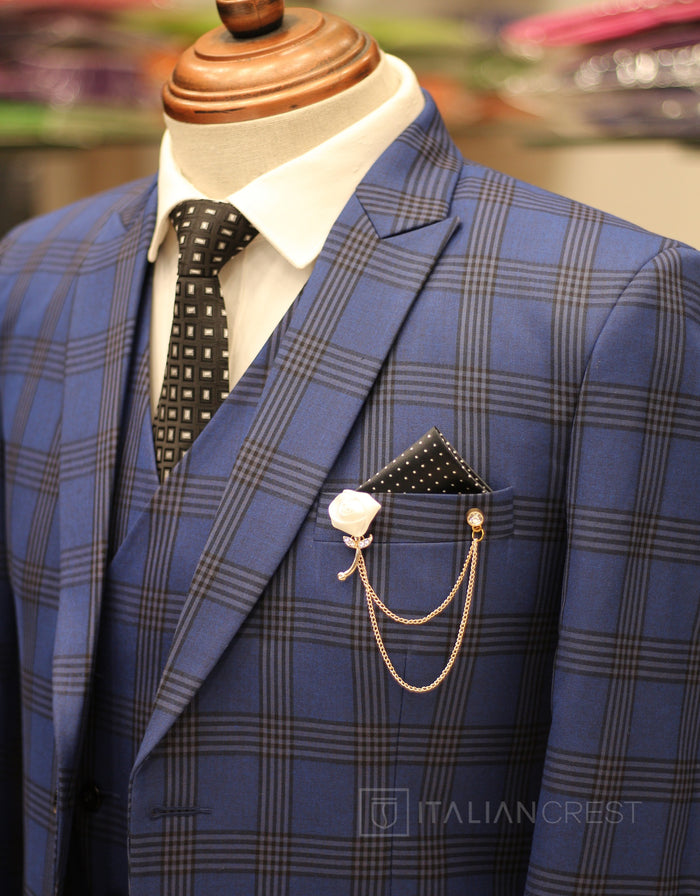 Blue Checks 3-Piece Peak Lapel Suit