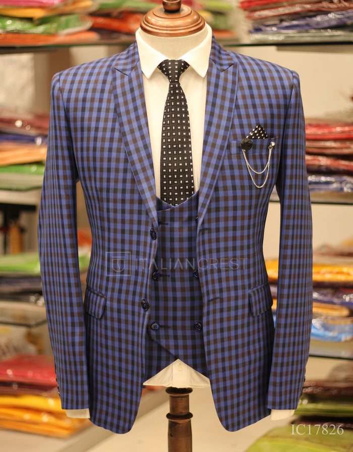 Blue Checks 3-Piece Peak Lapel Suit