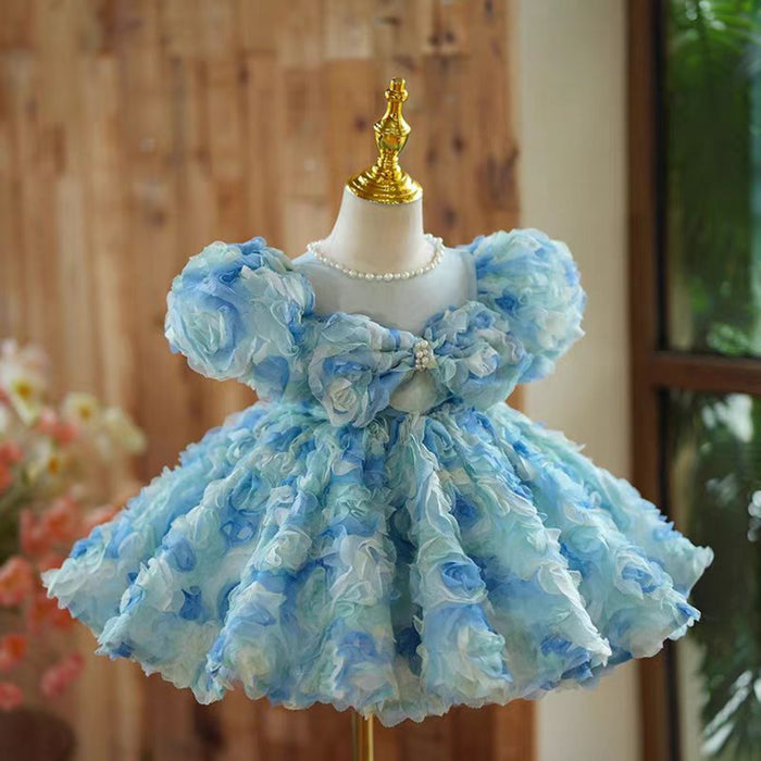 Blue Flower Girl Dress Kid Toddler Birthday Princess Gown J744
