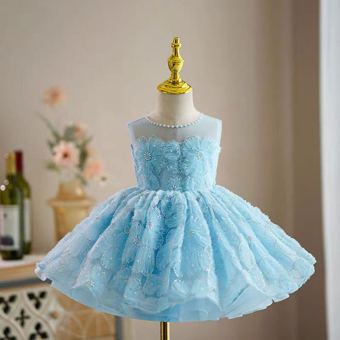 Blue Flower Girl Princess Dress for Kids Wedding Birthday Party J776