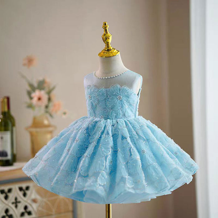 Blue Flower Girl Princess Dress for Kids Wedding Birthday Party J776