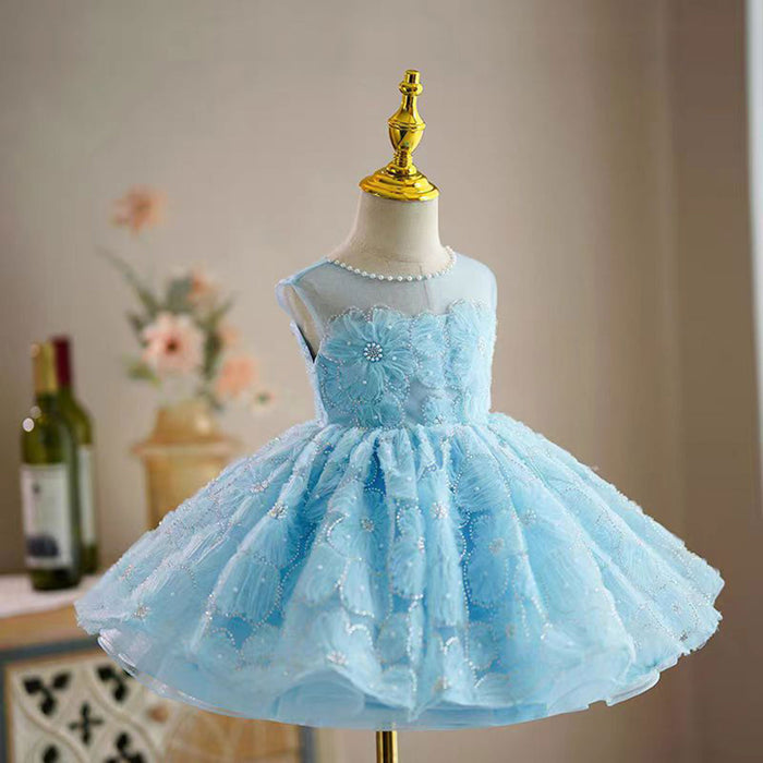 Blue Flower Girl Princess Dress for Kids Wedding Birthday Party J776