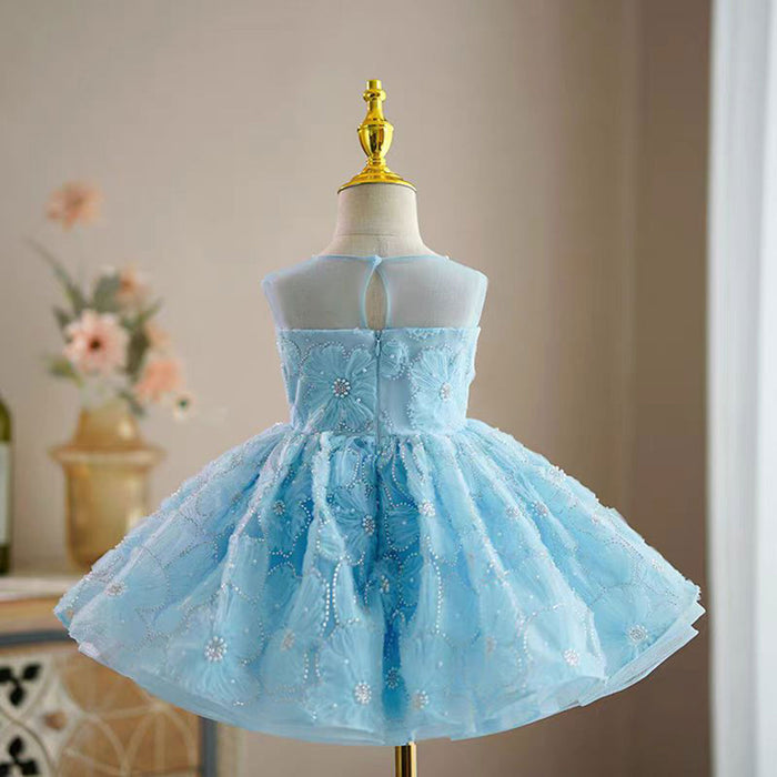 Blue Flower Girl Princess Dress for Kids Wedding Birthday Party J776