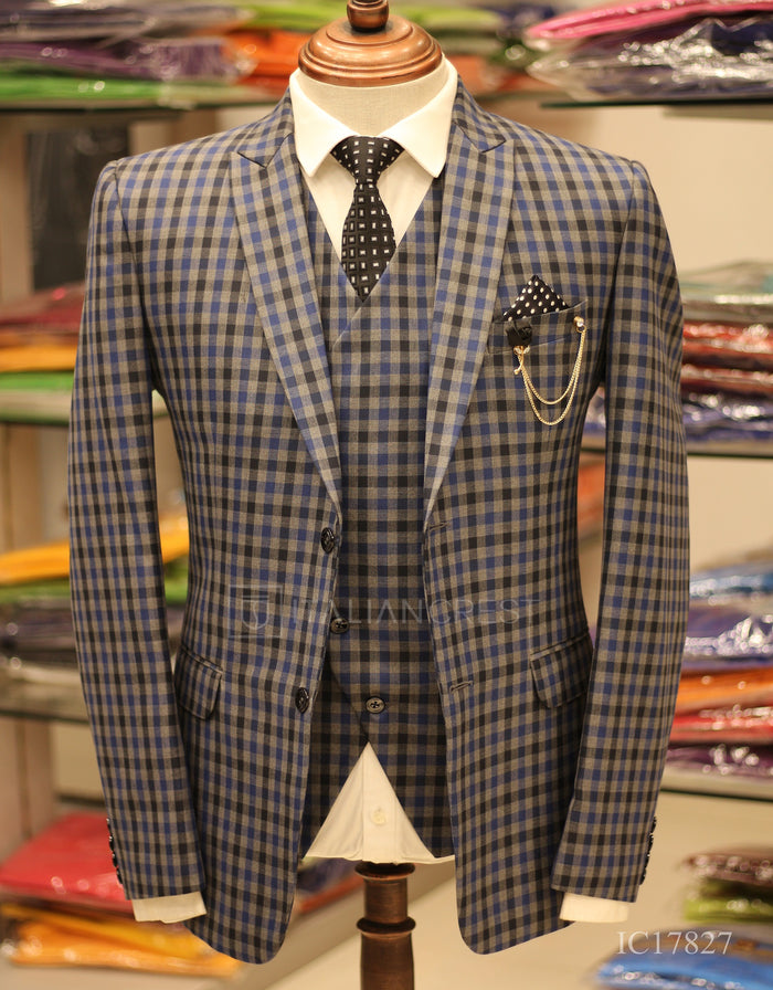 Blue Grey Checks 3-Piece Peak Lapel Suit