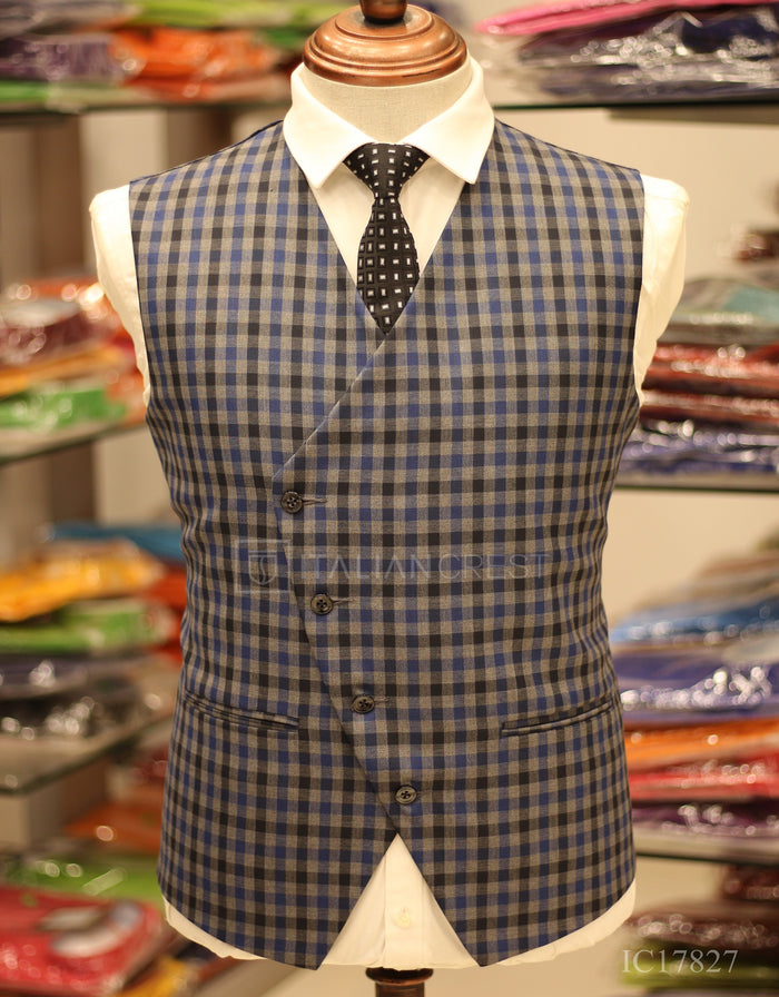 Blue Grey Checks 3-Piece Peak Lapel Suit