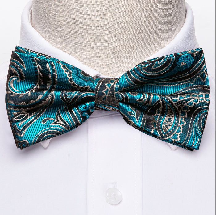 Blue Grey Paisley Bowtie Pocket Square Cufflinks Set- LH-0916 - SimonVon Shop