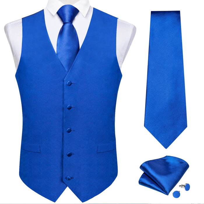 BLUE SOLID SATIN WAISTCOAT VEST TIE HANDKERCHIEF CUFFLINKS- MD-0315+N-786 - SimonVon Shop