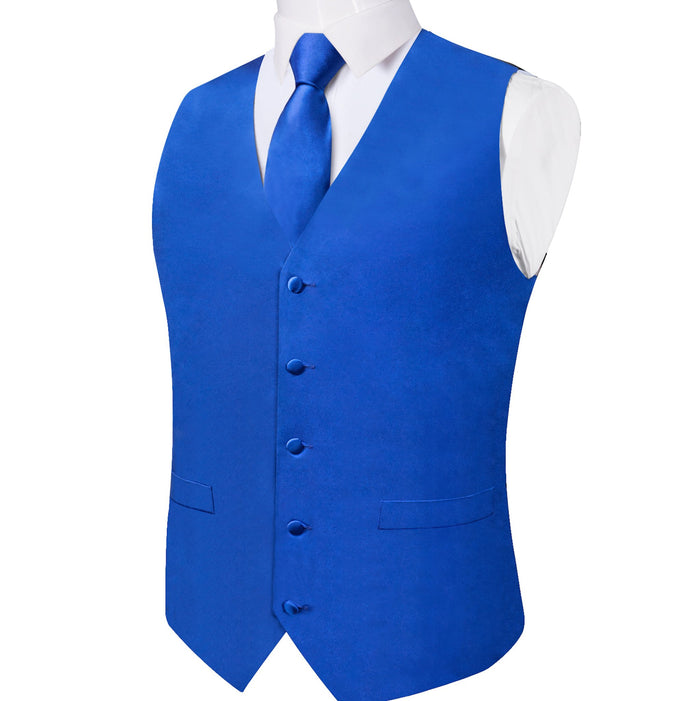 BLUE SOLID SATIN WAISTCOAT VEST TIE HANDKERCHIEF CUFFLINKS- MD-0315+N-786 - SimonVon Shop