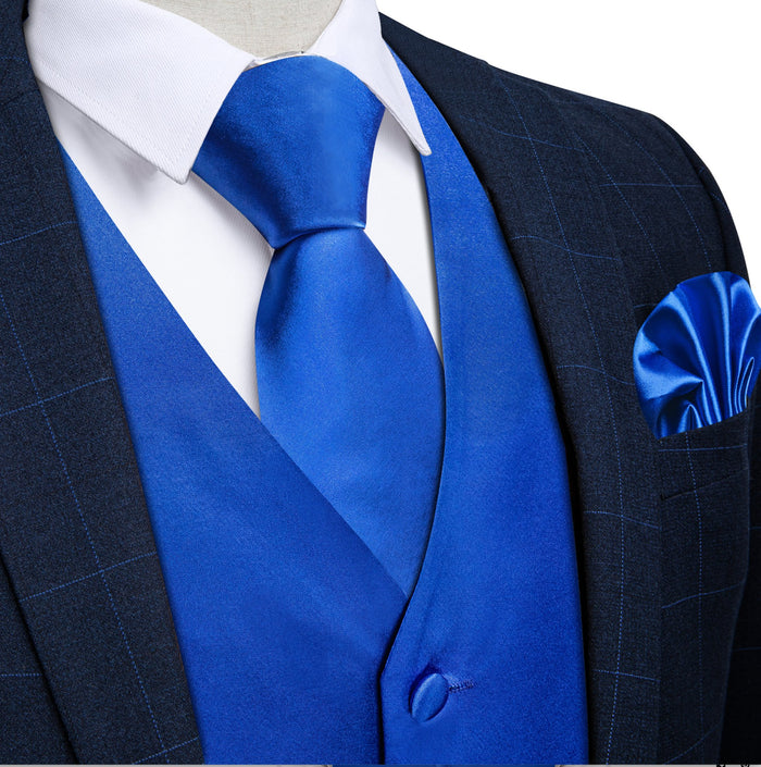 BLUE SOLID SATIN WAISTCOAT VEST TIE HANDKERCHIEF CUFFLINKS- MD-0315+N-786 - SimonVon Shop