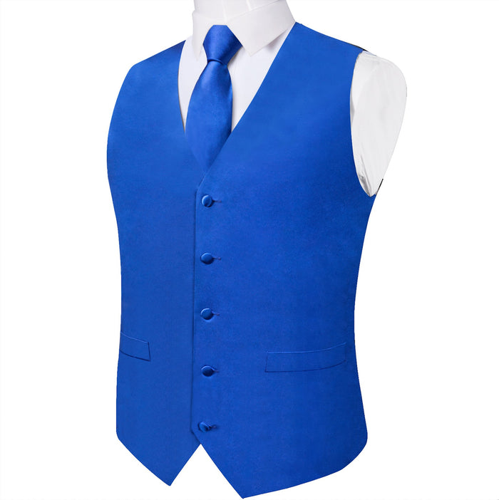 BLUE SOLID SATIN WAISTCOAT VEST TIE HANDKERCHIEF CUFFLINKS SET- MD-0315 - SimonVon Shop