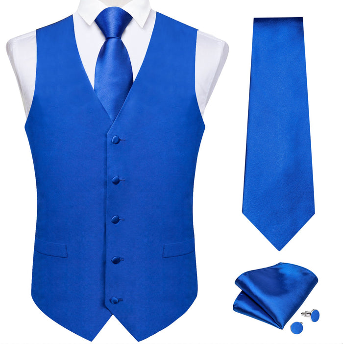 BLUE SOLID SATIN WAISTCOAT VEST TIE HANDKERCHIEF CUFFLINKS SET- MD-0315 - SimonVon Shop