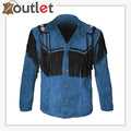 Blue western cowboy fringed suede leather jacket, front view with yoke fringe