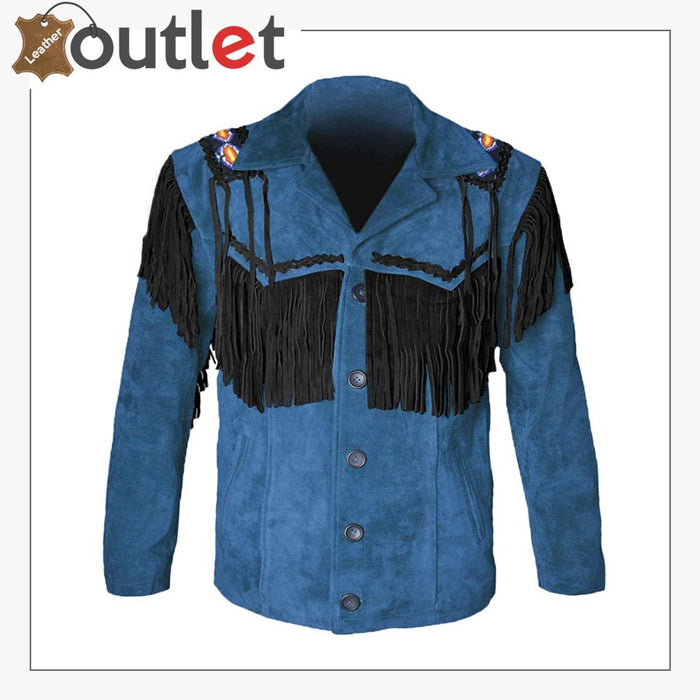 Blue western cowboy fringed suede leather jacket, front view with yoke fringe