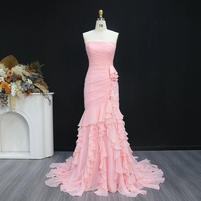 Blush Pink Ruffles Strapless Mermaid Evening Dress SF077