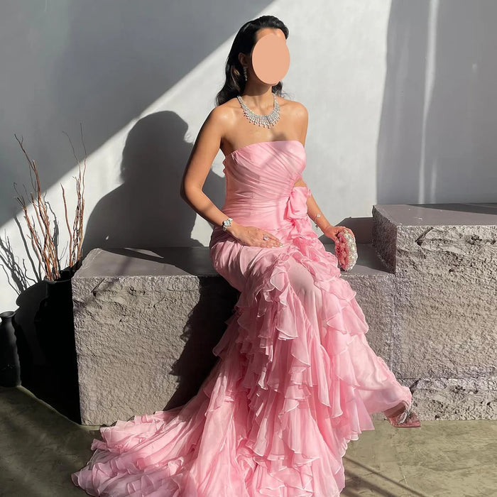 Blush Pink Ruffles Strapless Mermaid Evening Dress SF077
