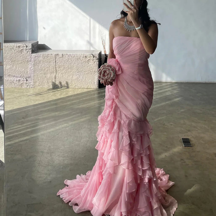 Blush Pink Ruffles Strapless Mermaid Evening Dress SF077