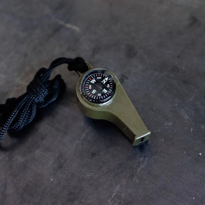 Forager Provisions LTD Bradley Mountain OD green thermoplastic survival whistle with integrated compass and black cord