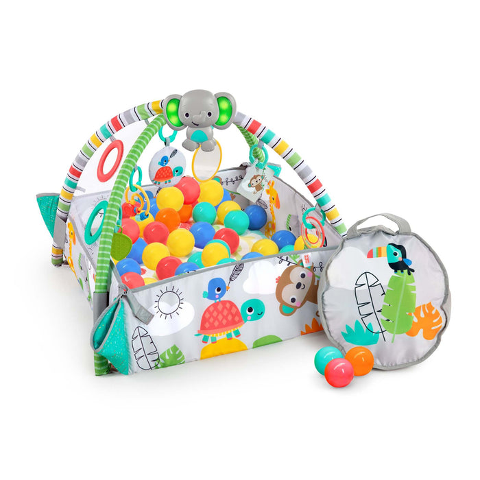 5-in-1 Your Way Ball Play Activity Gym & Ball Pit with tropical design and colorful balls for infants and toddlers